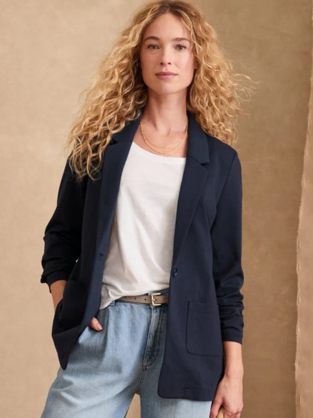 Garnet Hill Classic Navy Heather Knit Relaxed Blazer Size 10